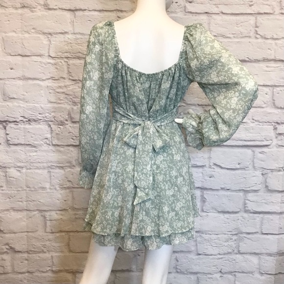 Babydoll Dress Lg Floral Long Sleeve Green Milkmaid Tiered Ruffle Crepe Mini - Picture 4 of 10